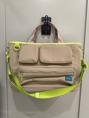 Lululemon Beige Canvas Tote with Neon Yellow Accents + matching Crossbody Wallet